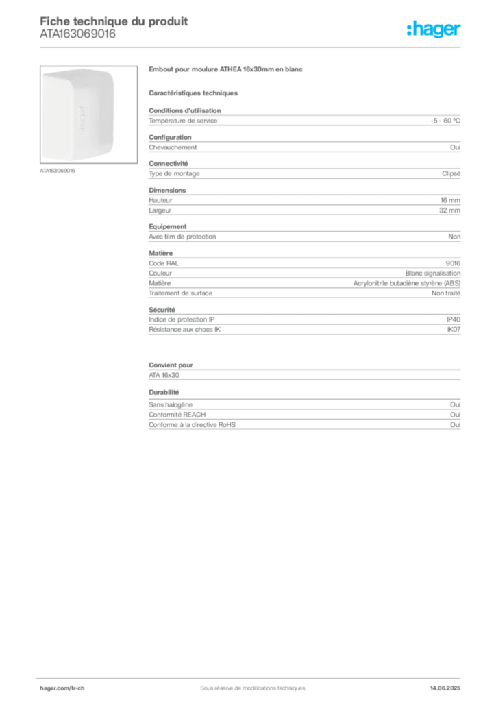 Image Hager Fiche technique du produit ATA163069016 | Hager Suisse