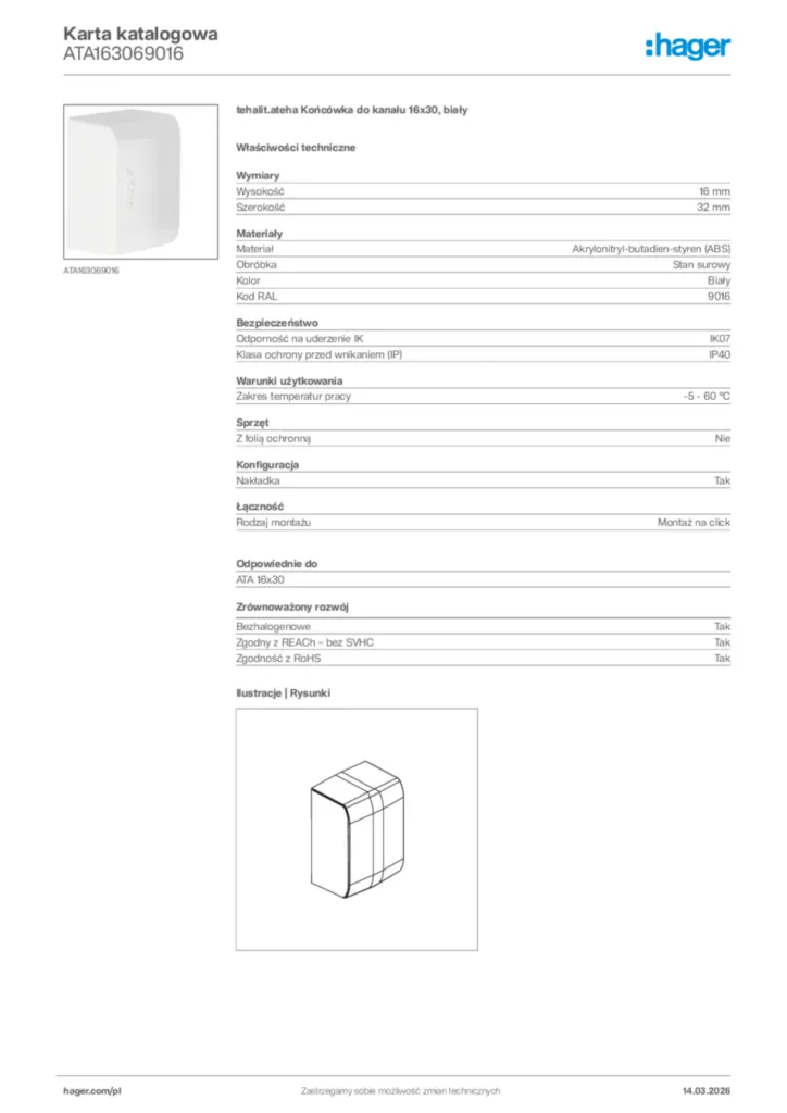 Zdjęcie Hager Karta katalogowa ATA163069016 | Hager Polska