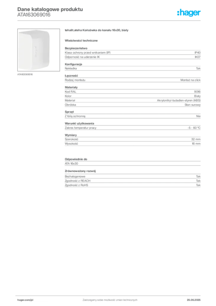 Zdjęcie Hager Karta katalogowa ATA163069016 | Hager Polska
