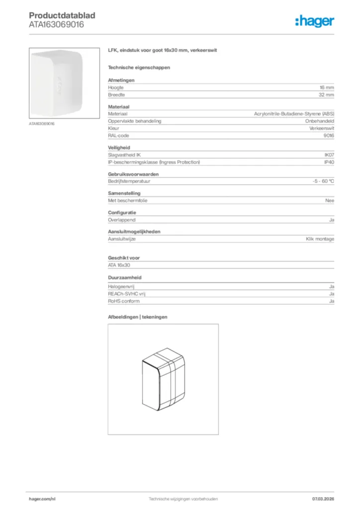 Afbeelding Hager Productdatablad ATA163069016 | Hager Nederland
