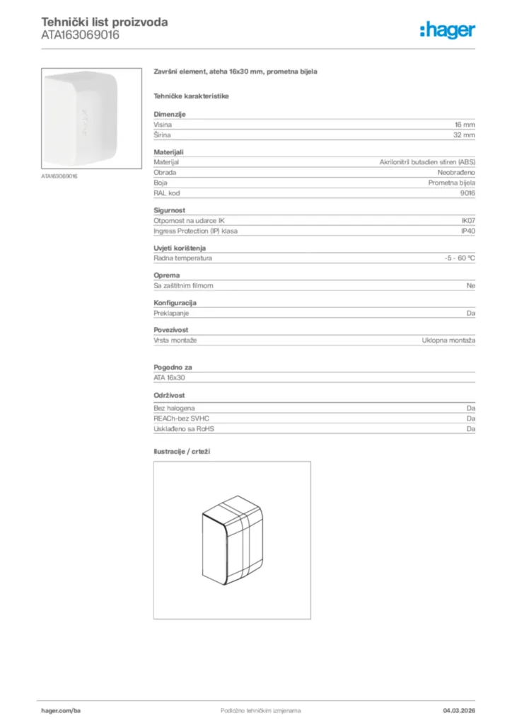 Slika Hager Tehnički list proizvoda ATA163069016  | Hager