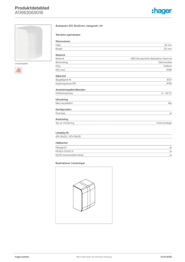 Bild Hager Produktdatablad ATA163069016 | Hager Sverige