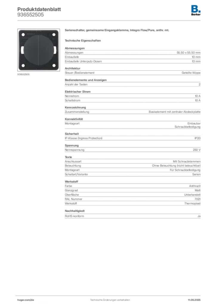Bild Berker Produktdatenblatt 936552505 | Hager Deutschland