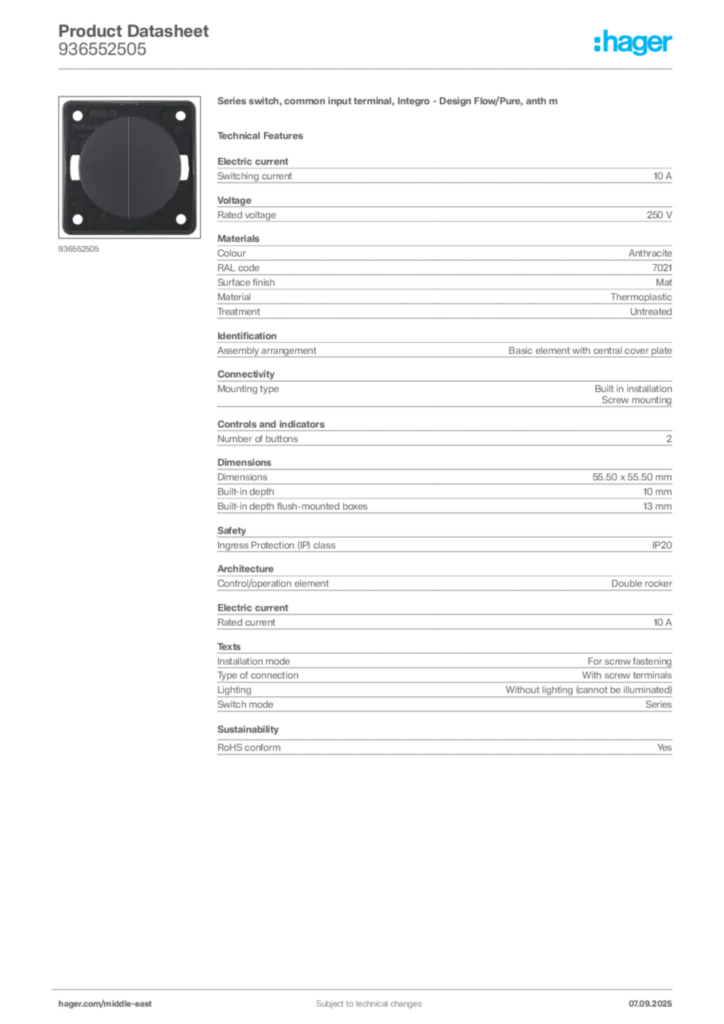 Image Hager Product data sheet 936552505  | Hager