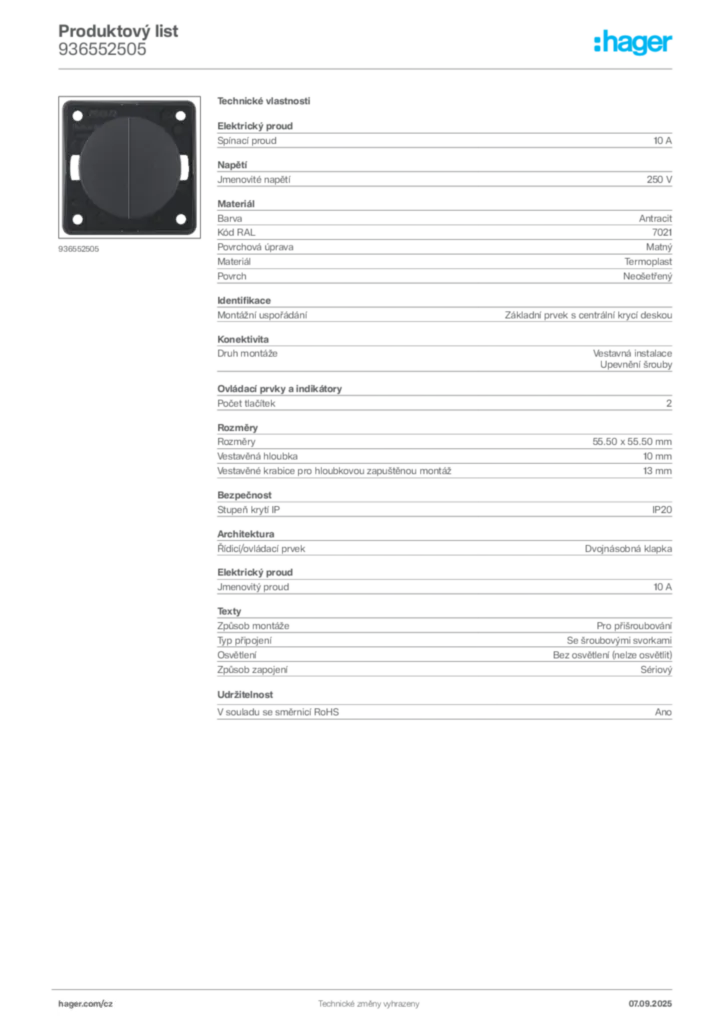 Obrázek Hager Produktový list 936552505 | Hager