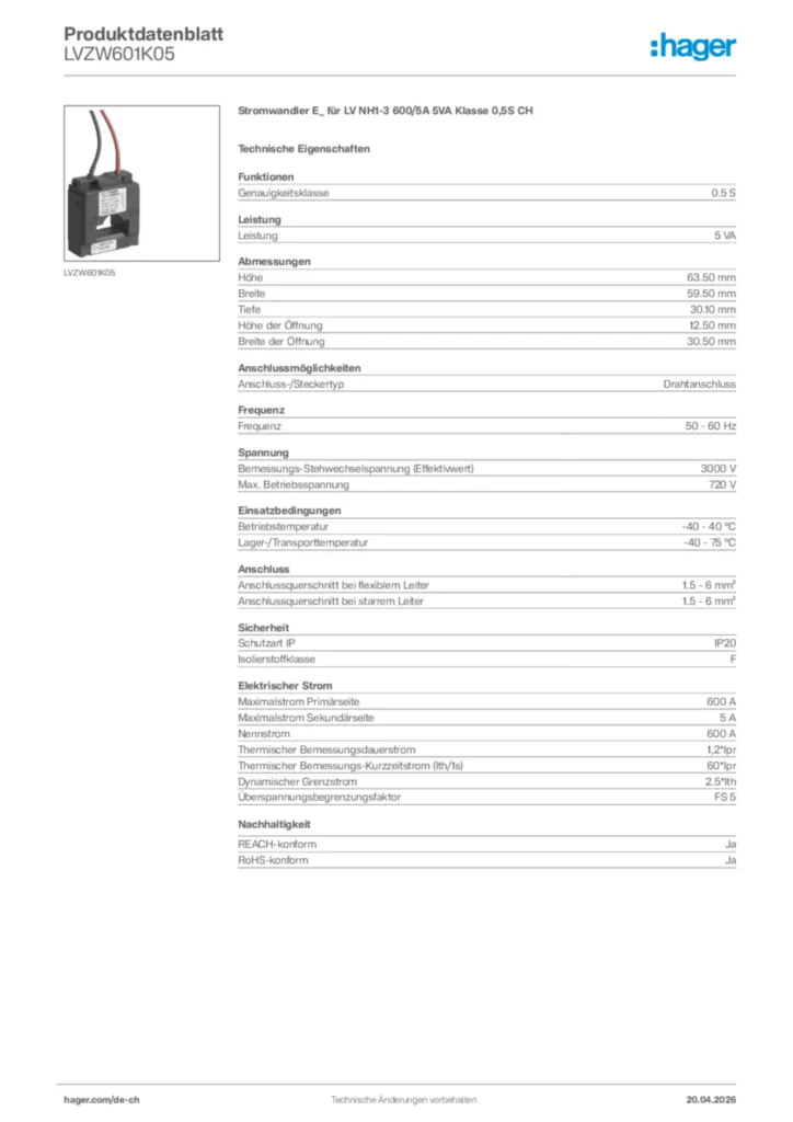 Bild Hager Produktdatenblatt LVZW601K05 | Hager Schweiz