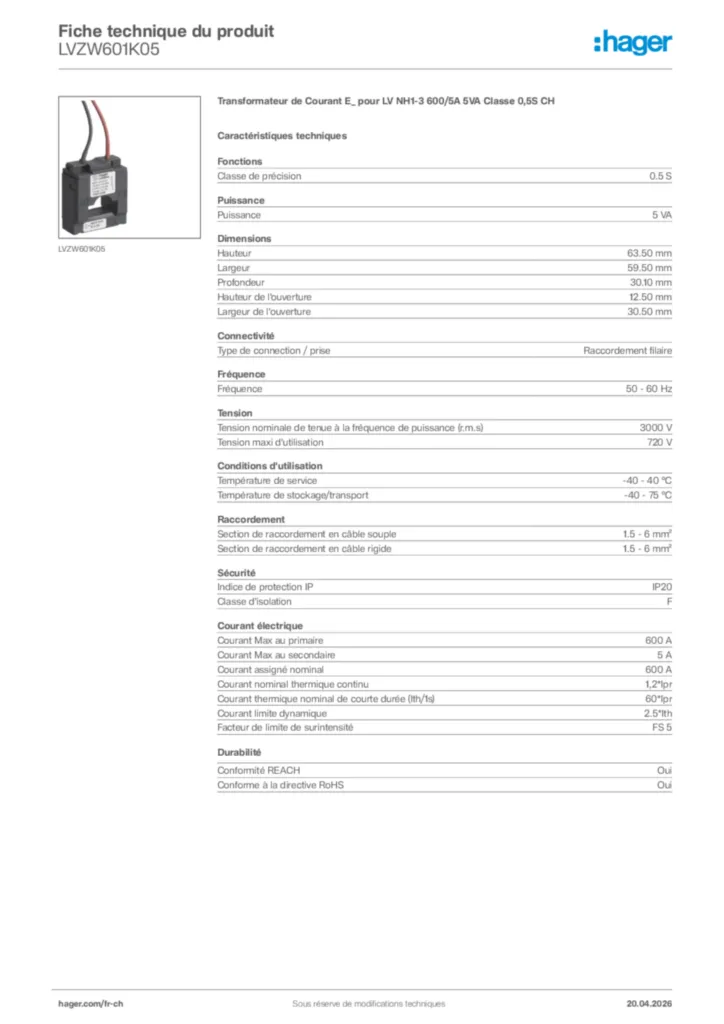 Image Hager Fiche technique du produit LVZW601K05 | Hager Suisse