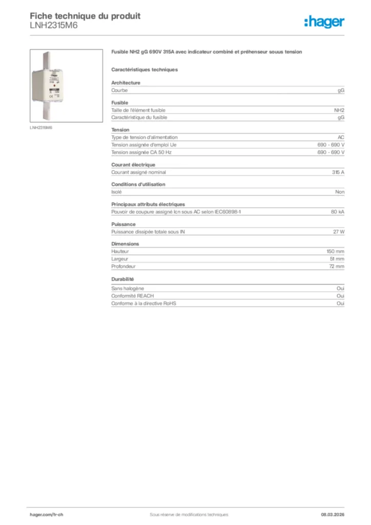 Image Hager Fiche technique du produit LNH2315M6 | Hager Suisse