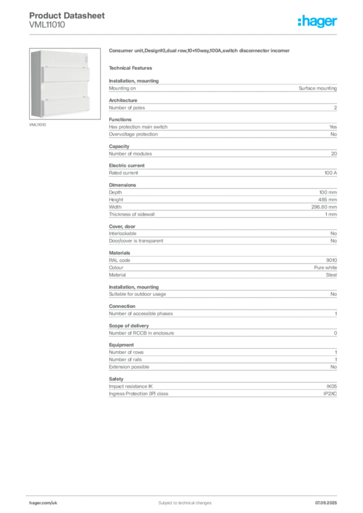 Image Hager Product data sheet VML11010  | Hager