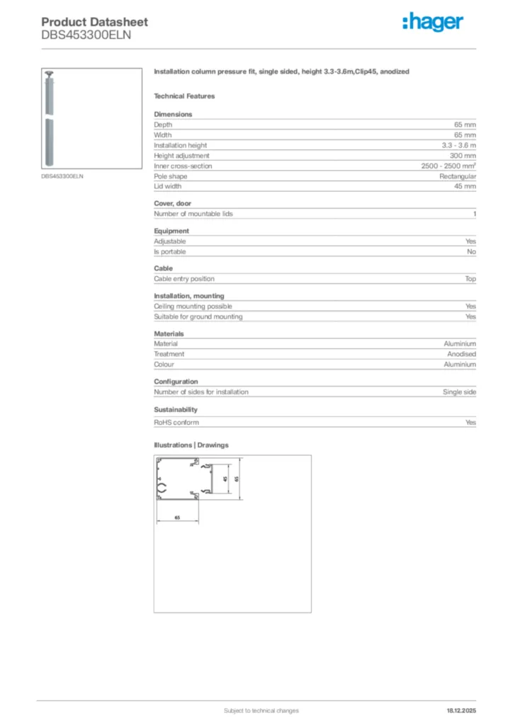 Image Hager Product data sheet DBS453300ELN  | Hager Africa