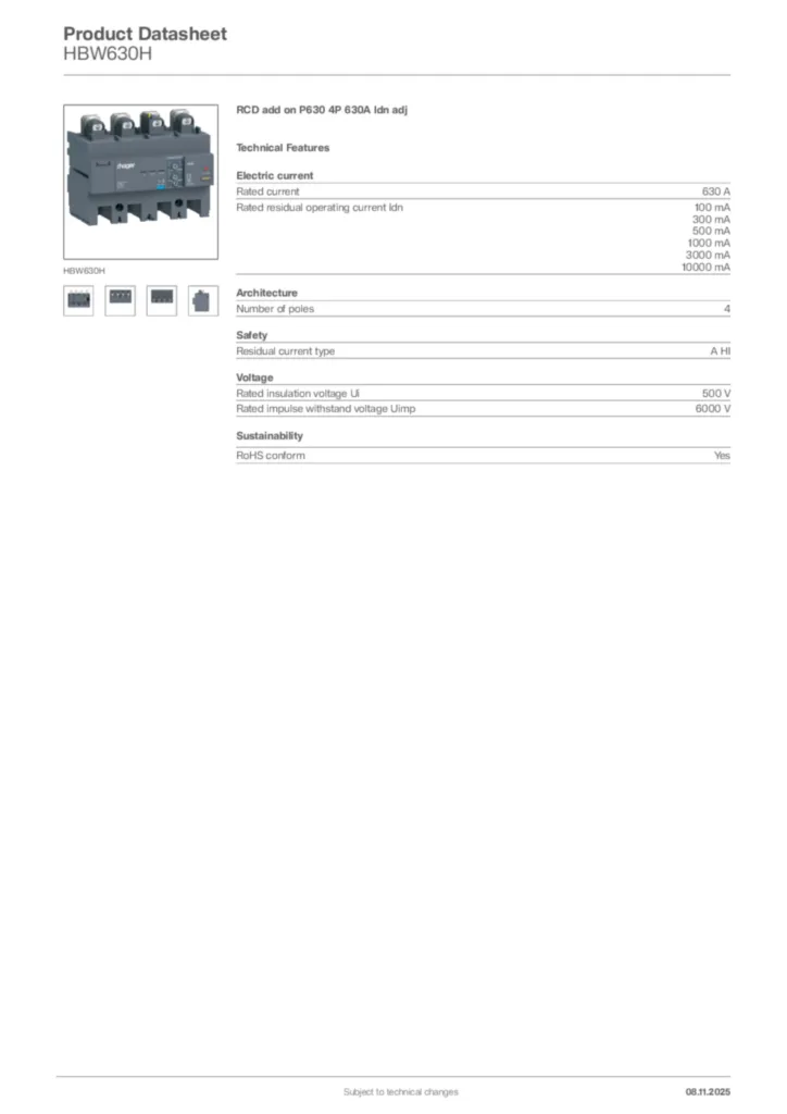 Image Hager Product data sheet HBW630H  | Hager Africa