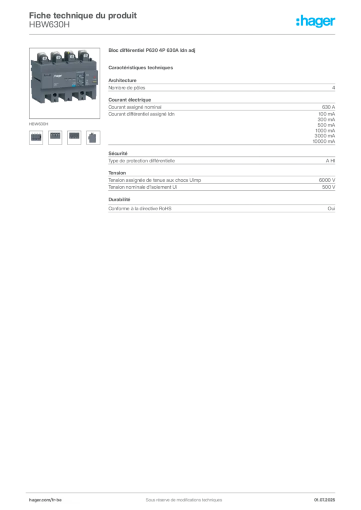 Image Hager Fiche technique du produit HBW630H | Hager Belgique