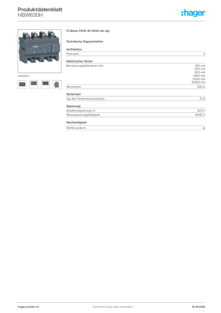 Bild Hager Produktdatenblatt HBW630H | Hager Schweiz