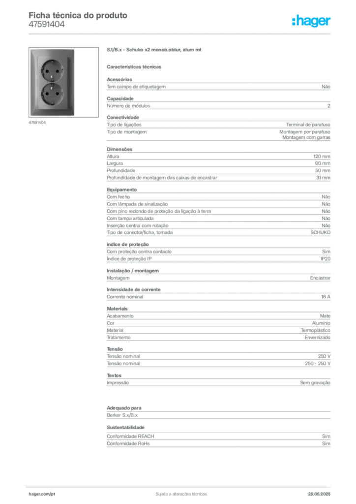 Imagem Hager Ficha técnica do produto 47591404 | Hager Portugal