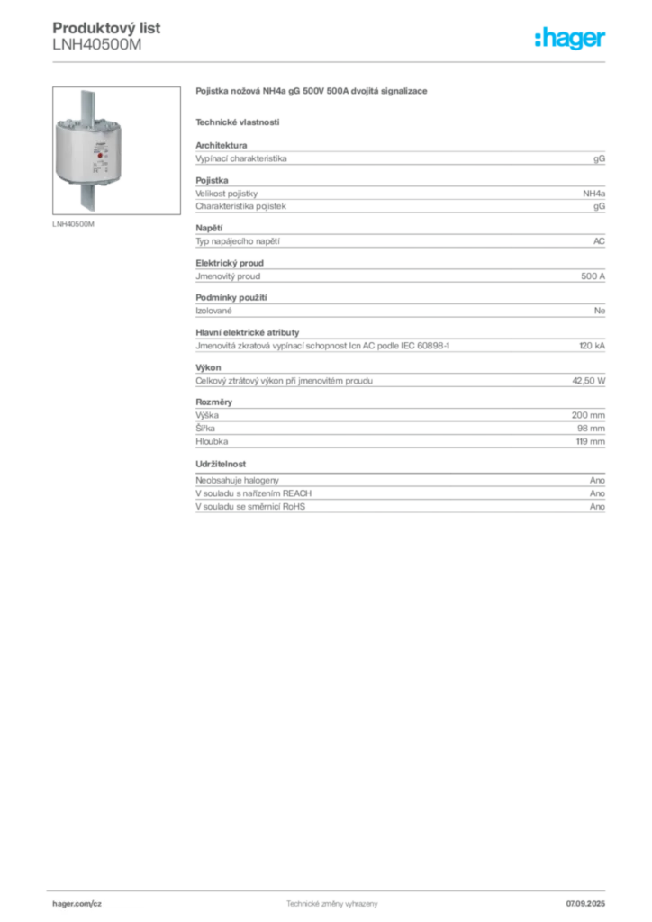 Obrázek Hager Produktový list LNH40500M | Hager