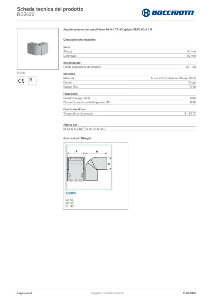 Immagine Bocchiotti Scheda tecnica del prodotto B02426 | Hager Italia