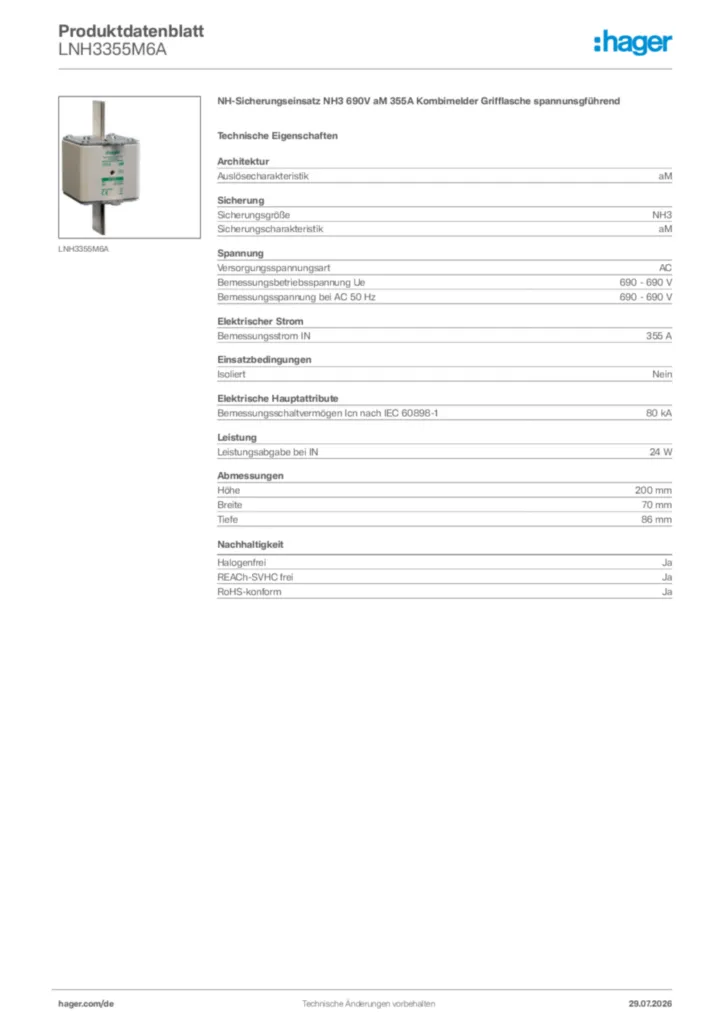 Bild Hager Produktdatenblatt LNH3355M6A | Hager Deutschland