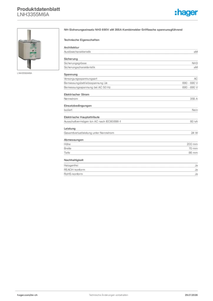 Bild Hager Produktdatenblatt LNH3355M6A | Hager Schweiz