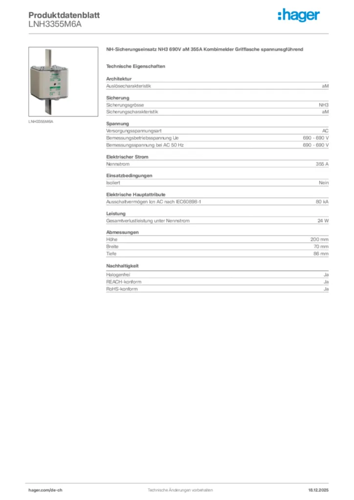 Bild Hager Produktdatenblatt LNH3355M6A | Hager Schweiz