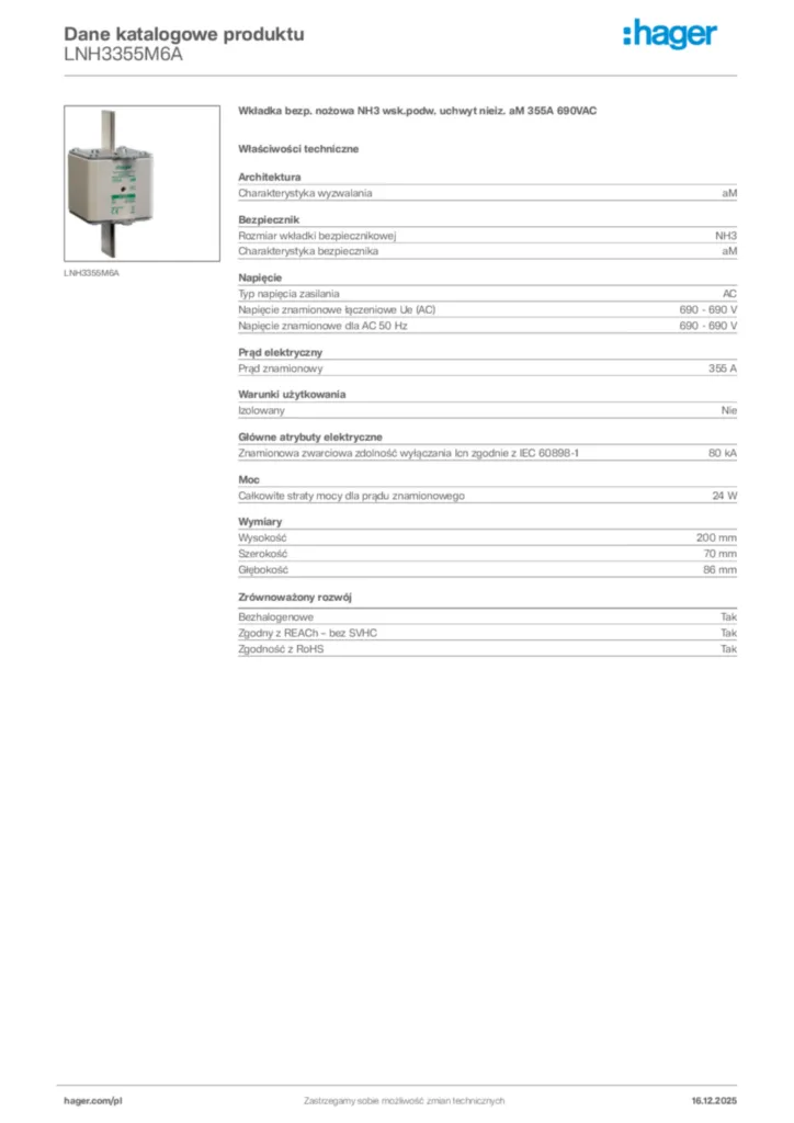 Zdjęcie Hager Karta katalogowa LNH3355M6A | Hager Polska