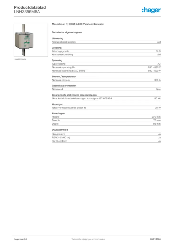 Afbeelding Hager Productdatablad LNH3355M6A | Hager Nederland