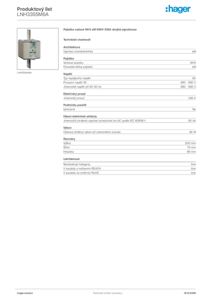 Obrázek Hager Produktový list LNH3355M6A | Hager