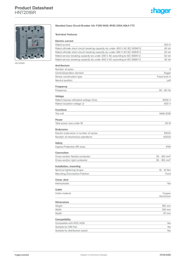 Image Hager Product data sheet HNT201BR  | Hager