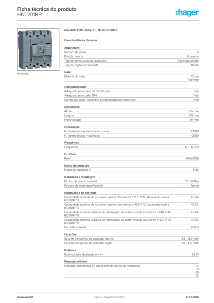 Imagem Hager Ficha técnica do produto HNT201BR | Hager Portugal