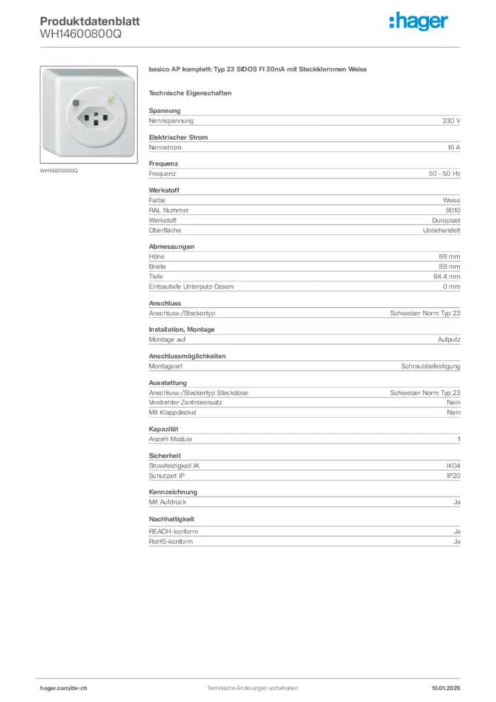 Bild Hager Produktdatenblatt WH14600800Q | Hager Schweiz