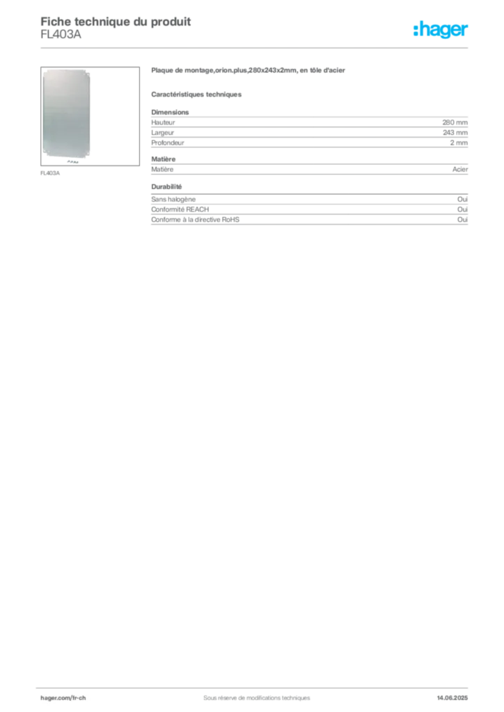 Image Hager Fiche technique du produit FL403A | Hager Suisse