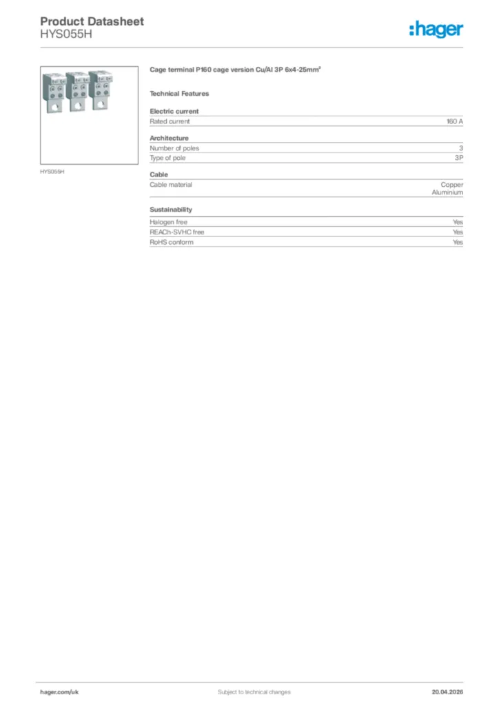 Image Hager Product data sheet HYS055H  | Hager