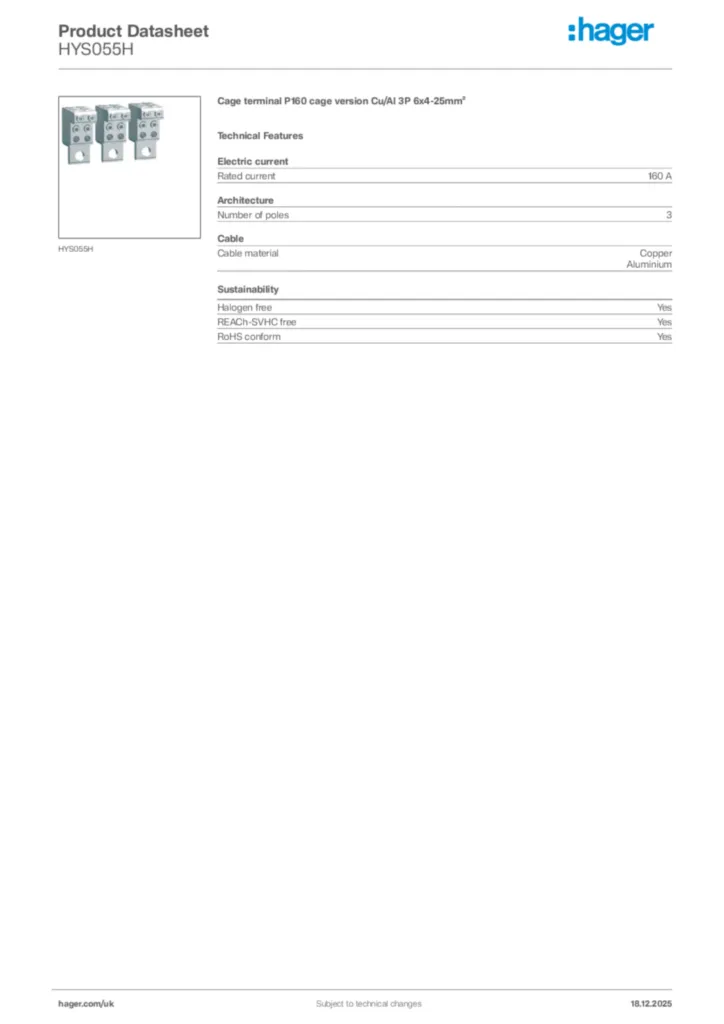 Image Hager Product data sheet HYS055H  | Hager