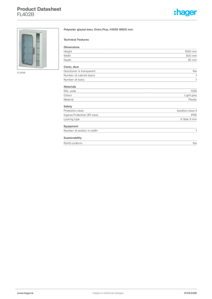 Image Hager Product data sheet FL402B  | Hager