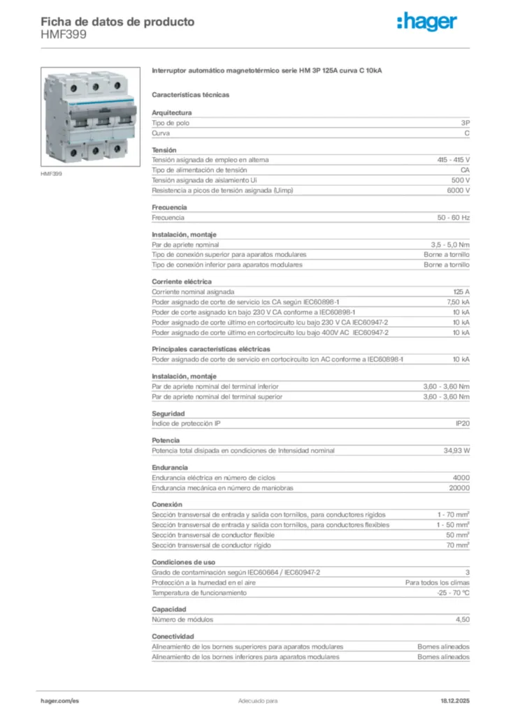 Imagen Hager Ficha de datos de producto HMF399 | Hager España