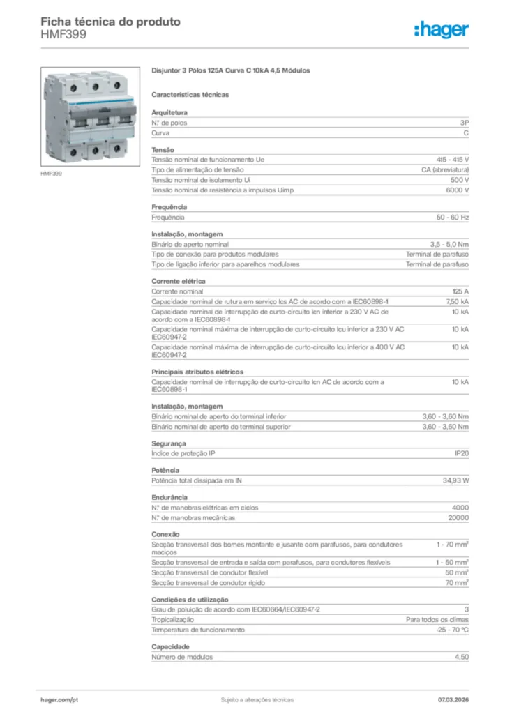 Imagem Hager Ficha técnica do produto HMF399 | Hager Portugal
