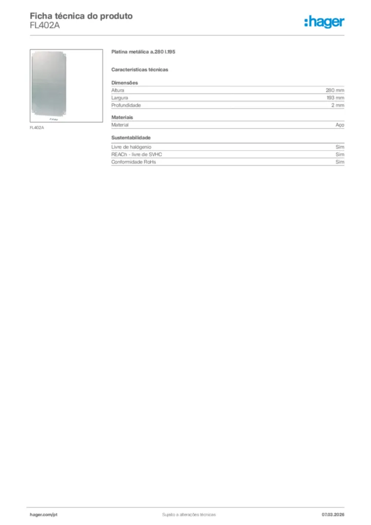 Imagem Hager Ficha técnica do produto FL402A | Hager Portugal