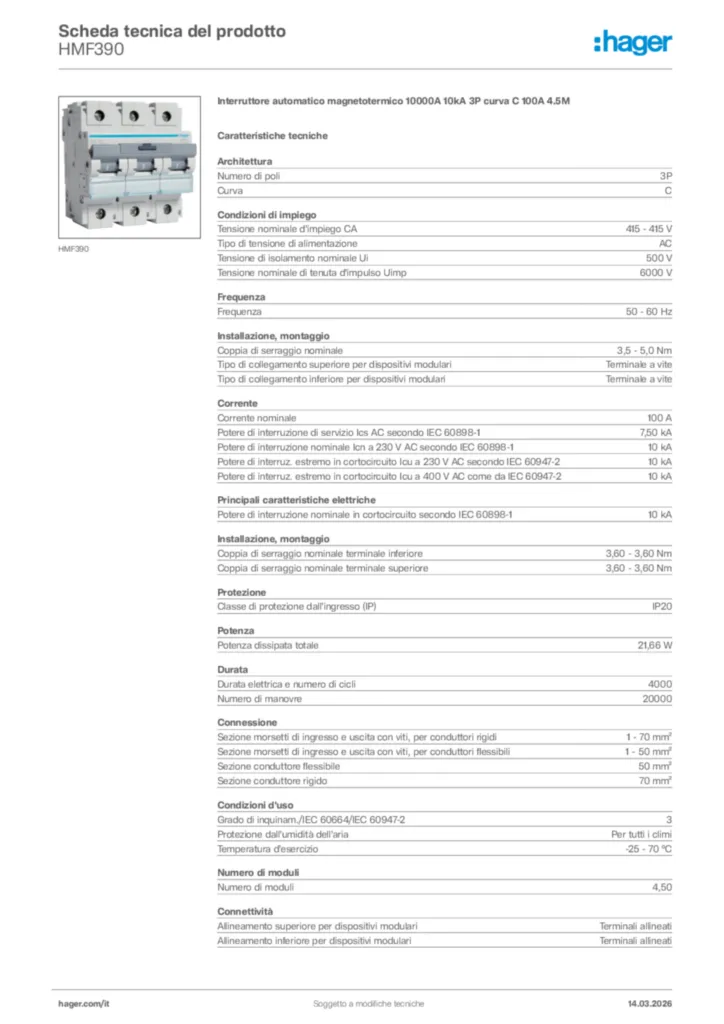 Immagine Hager Scheda tecnica del prodotto HMF390 | Hager Italia