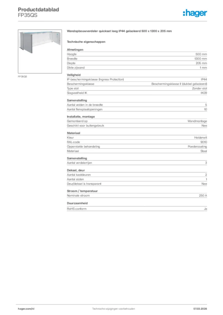 Afbeelding Hager Productdatablad FP35QS | Hager Nederland