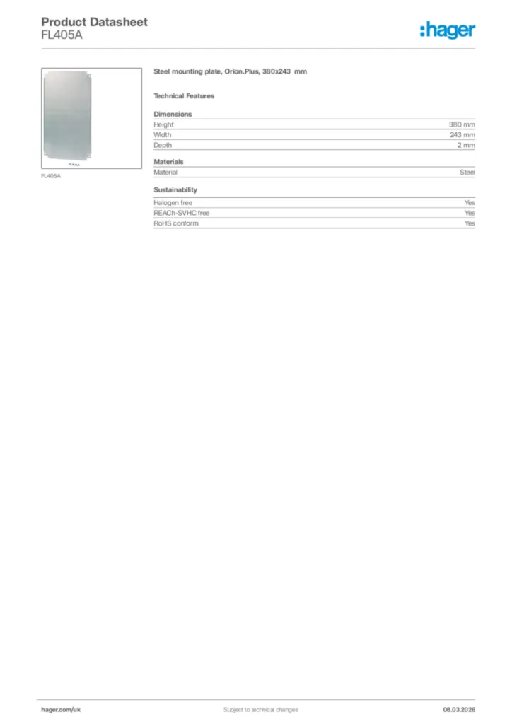 Image Hager Product data sheet FL405A  | Hager