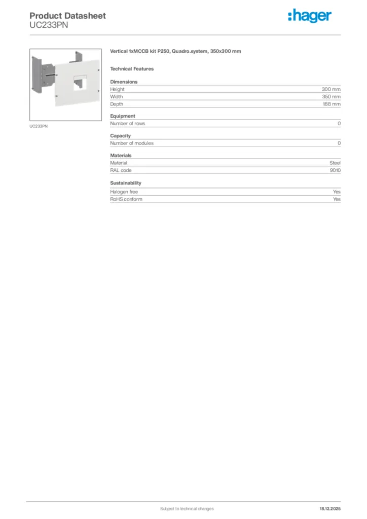 Image Hager Product data sheet UC233PN  | Hager Africa