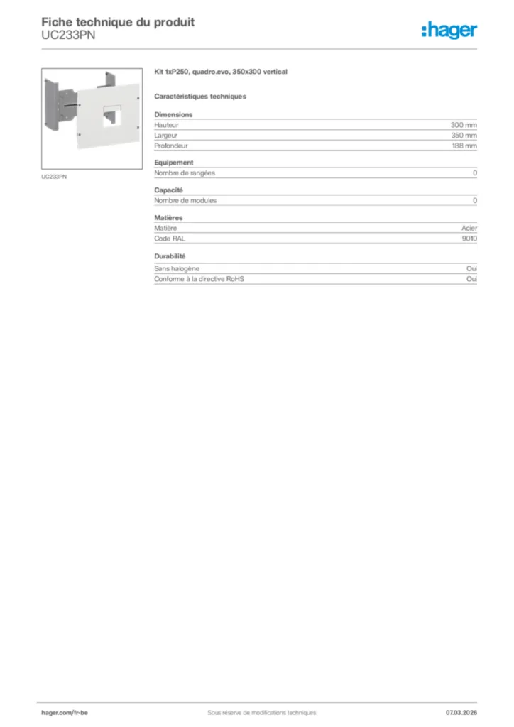 Image Hager Fiche technique du produit UC233PN | Hager Belgique