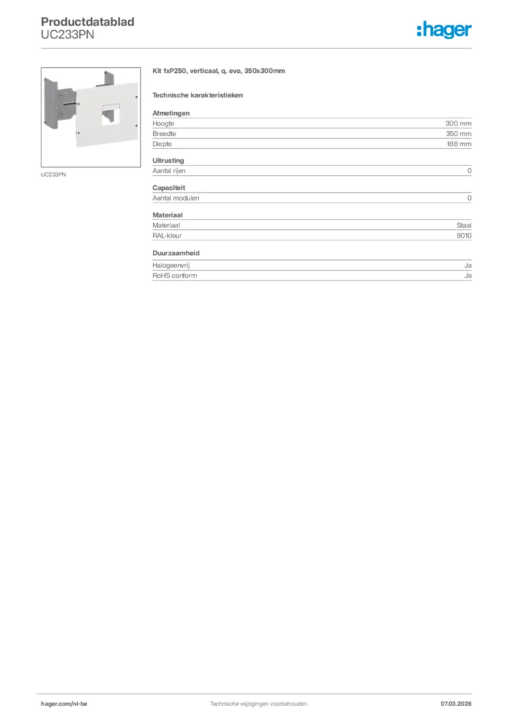 Afbeelding Hager Productdatablad UC233PN | Hager Belgium