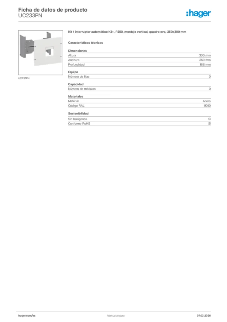 Imagen Hager Ficha de datos de producto UC233PN | Hager España