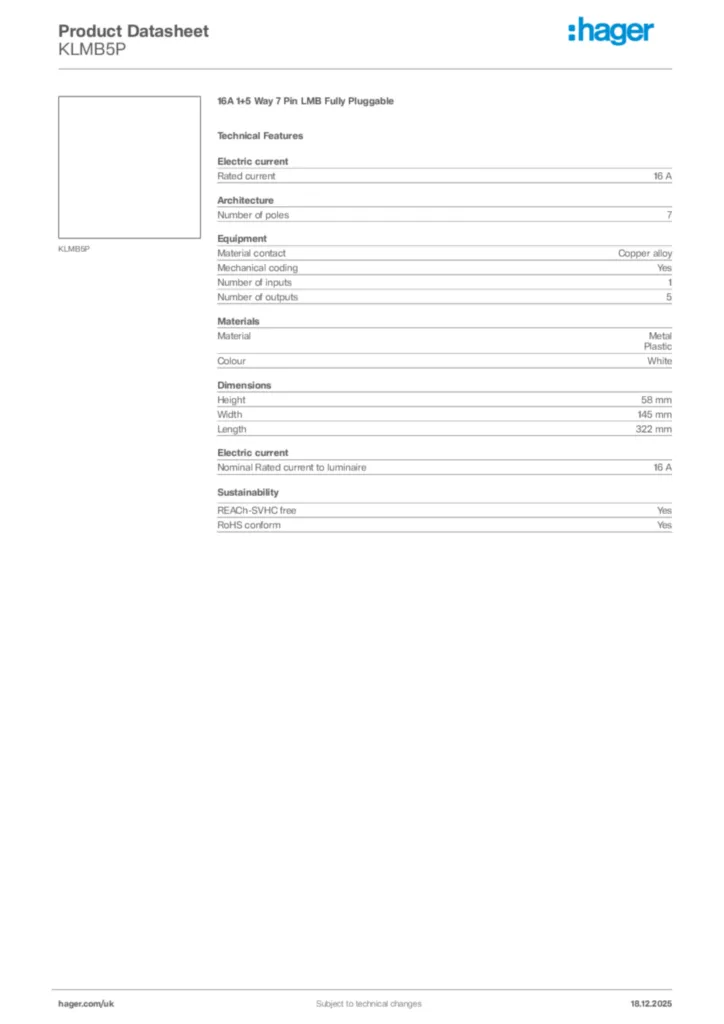 Image Hager Product data sheet KLMB5P  | Hager
