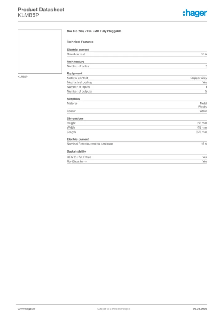 Image Hager Product data sheet KLMB5P  | Hager