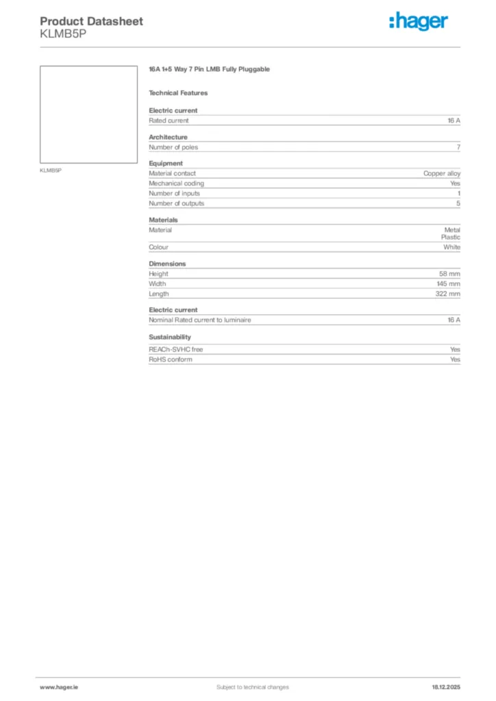 Image Hager Product data sheet KLMB5P  | Hager