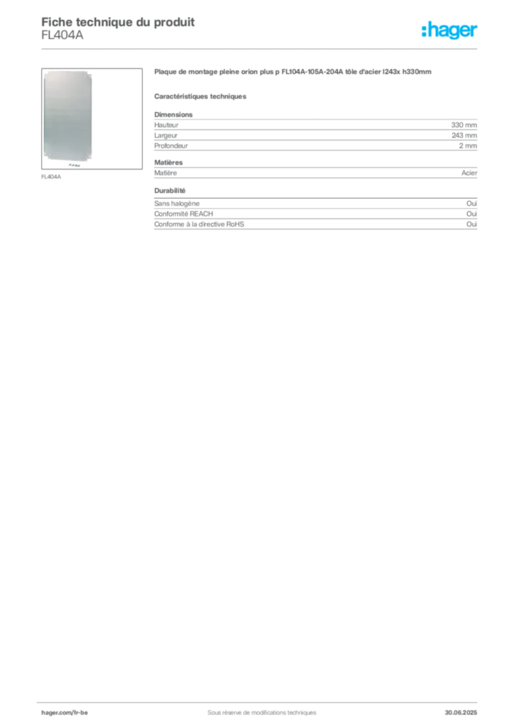 Image Hager Fiche technique du produit FL404A | Hager Belgique