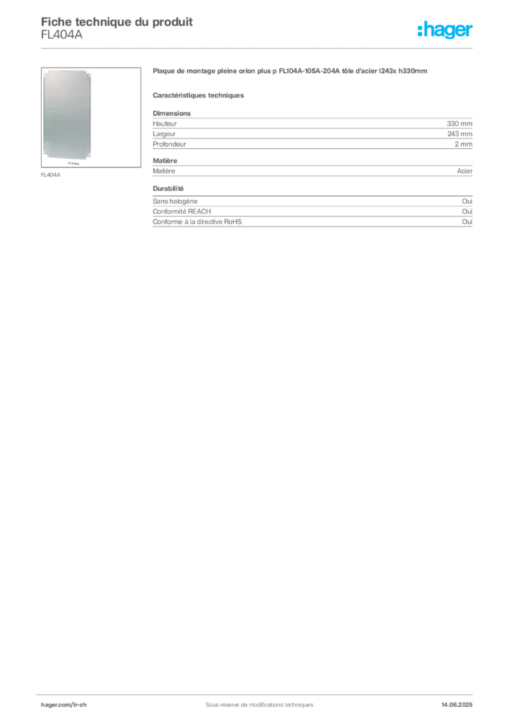 Image Hager Fiche technique du produit FL404A | Hager Suisse