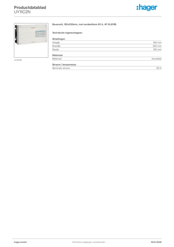 Afbeelding Hager Productdatablad UY11C2N | Hager Nederland