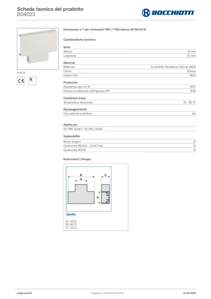 Immagine Bocchiotti Scheda tecnica del prodotto B04023 | Hager Italia